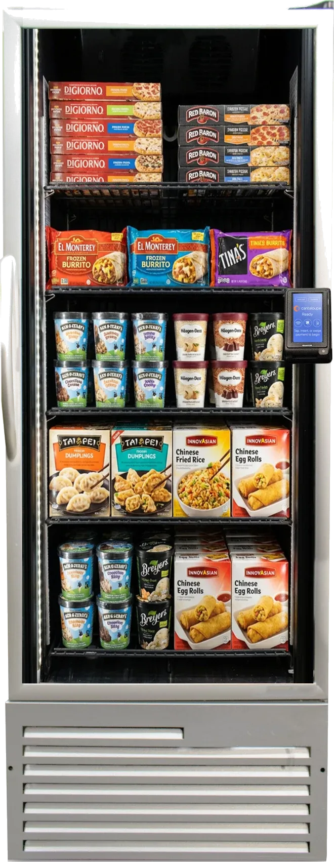 AI smart frozen food machine with a glass door showing ice cream, frozen meals, and a tap-to-pay reader.