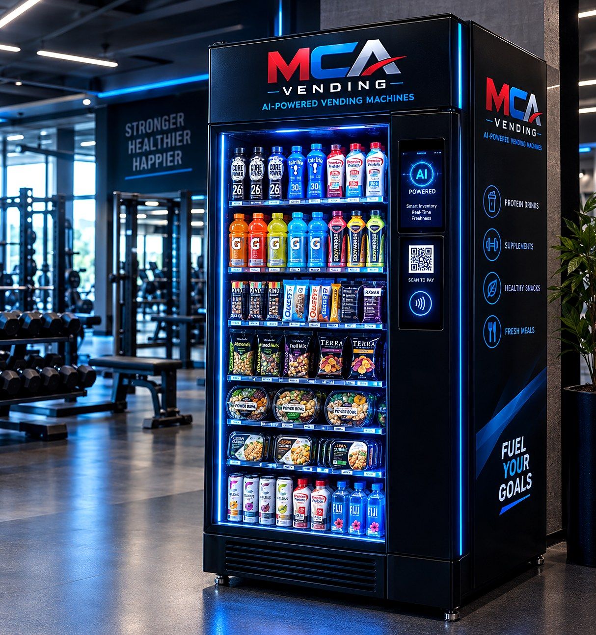 MCA Vending branded AI smart refrigerated machine in a gym, stocked with protein drinks, sports drinks, and healthy snacks.