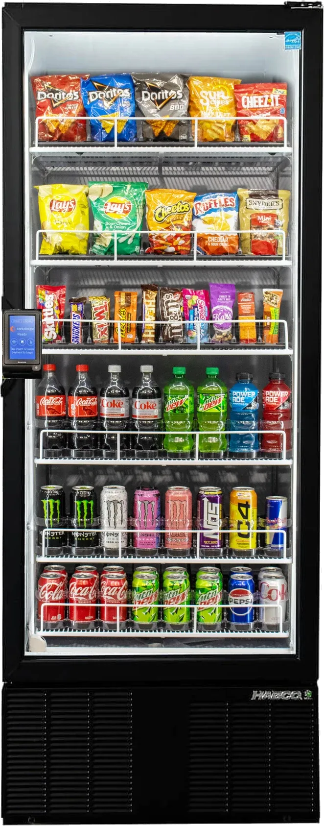Standard AI smart refrigerated machine with a tall glass door, wire shelves of snacks and drinks, and a tap-to-pay reader.