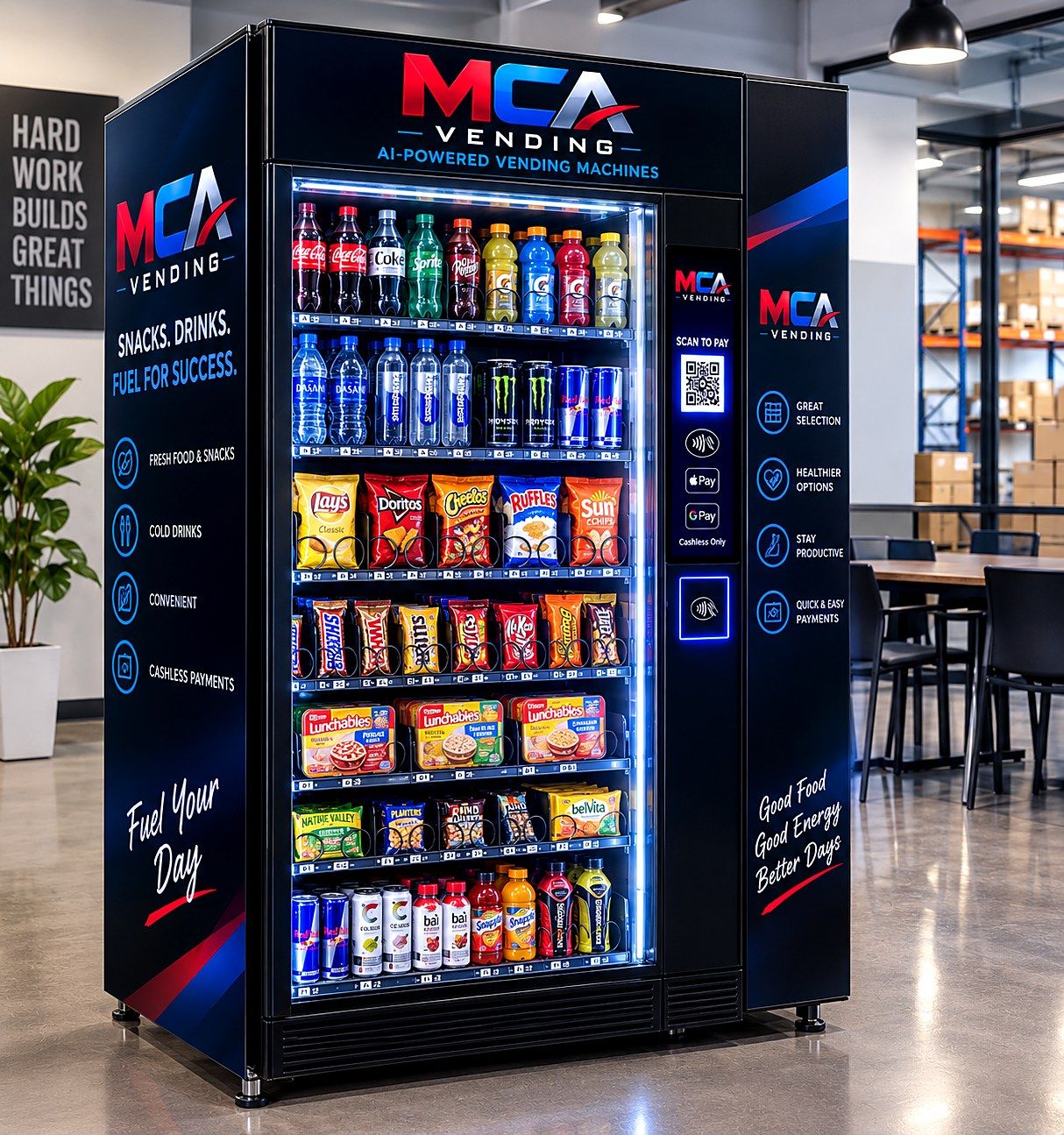 MCA Vending branded combo machine in an office break area, stocked with drinks, chips, candy, and lunch items.