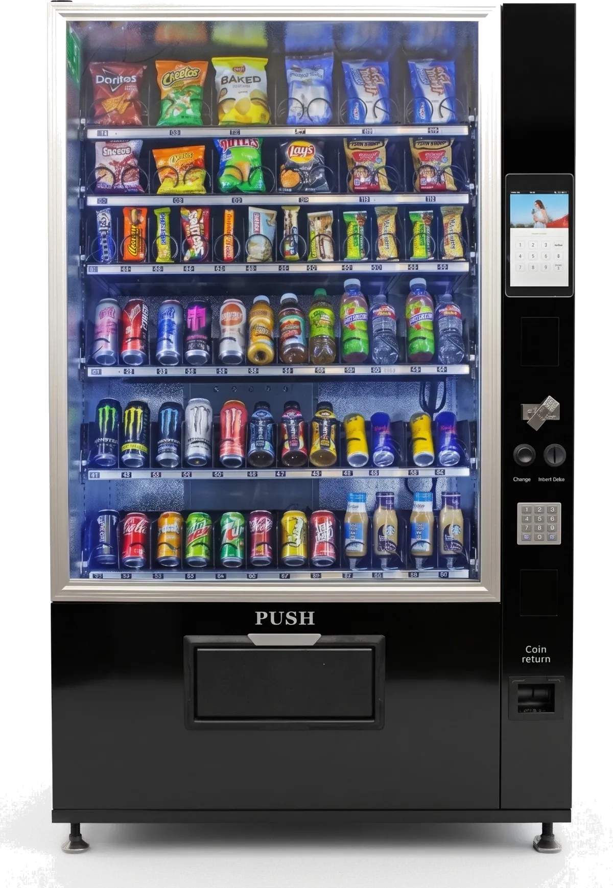 Standard black refrigerated combo vending machine with a wide glass front, spiral snack and drink rows, and a 10-inch touchscreen.