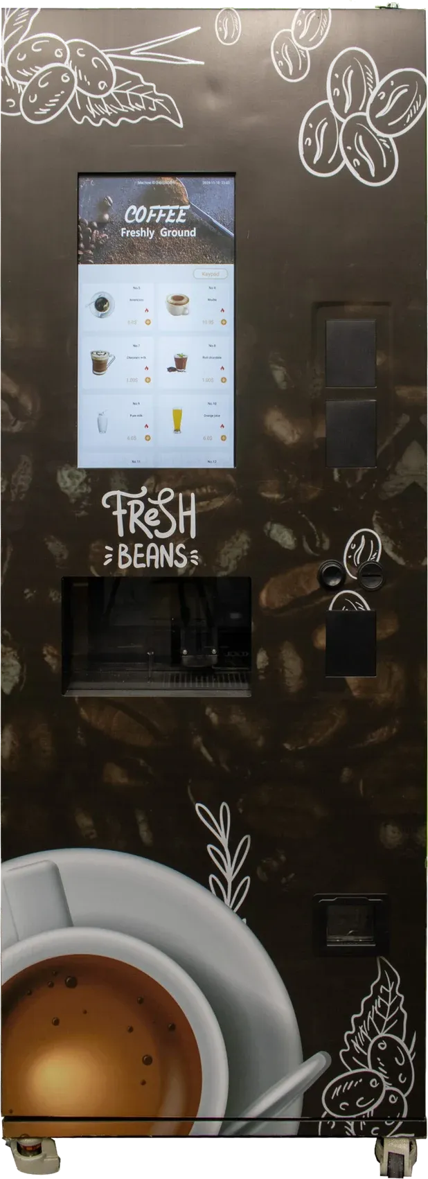 Fresh-bean coffee machine with a 22-inch touchscreen menu above the cup station.